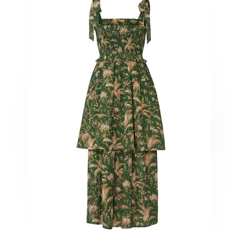 Rebecca Taylor Green Cream Smocked One Shoulder Sundress